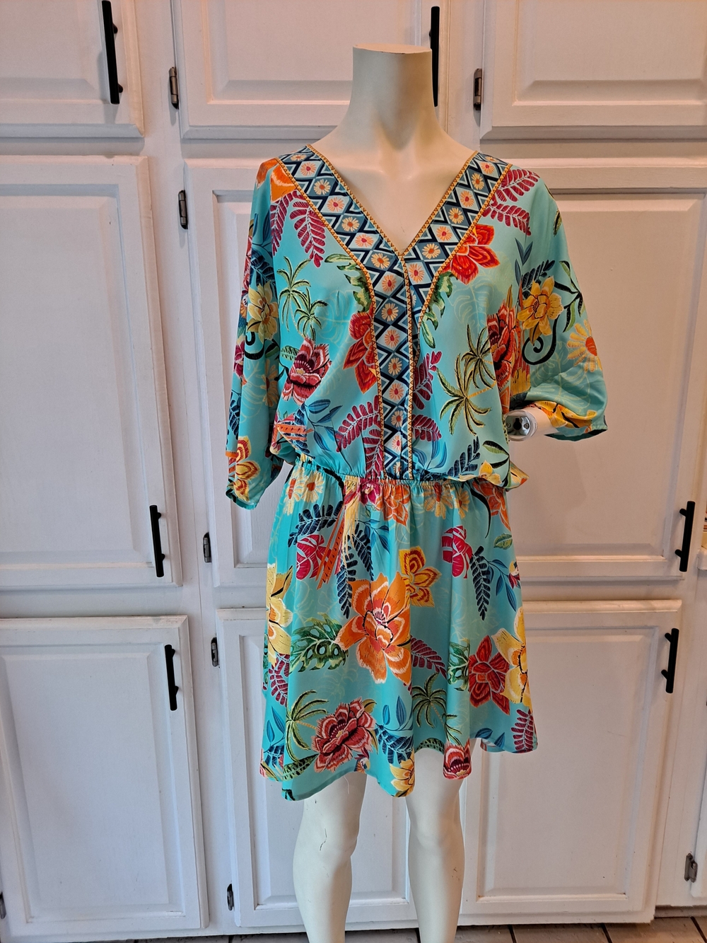Cupshe Aqua Floral Tropical V-Neck Blouson Smocked Mini Dress Coverup